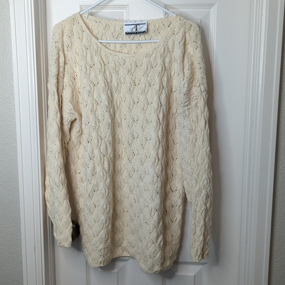Accordeon Vintage 100% Cotton Made in USA Cream Cable Knit Sweater Size M